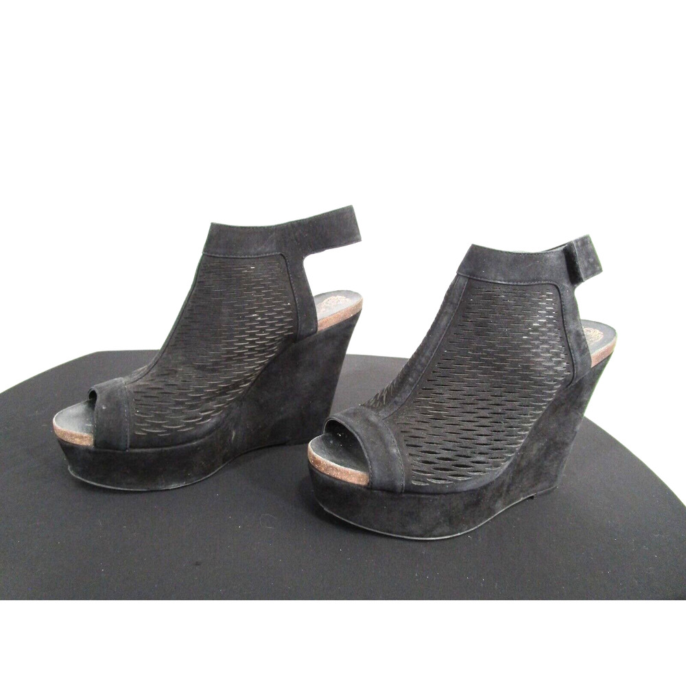 Vince Camuto Black Perforated Suede Ankle Strap Wedge Heel Sandal Booties Sz 9